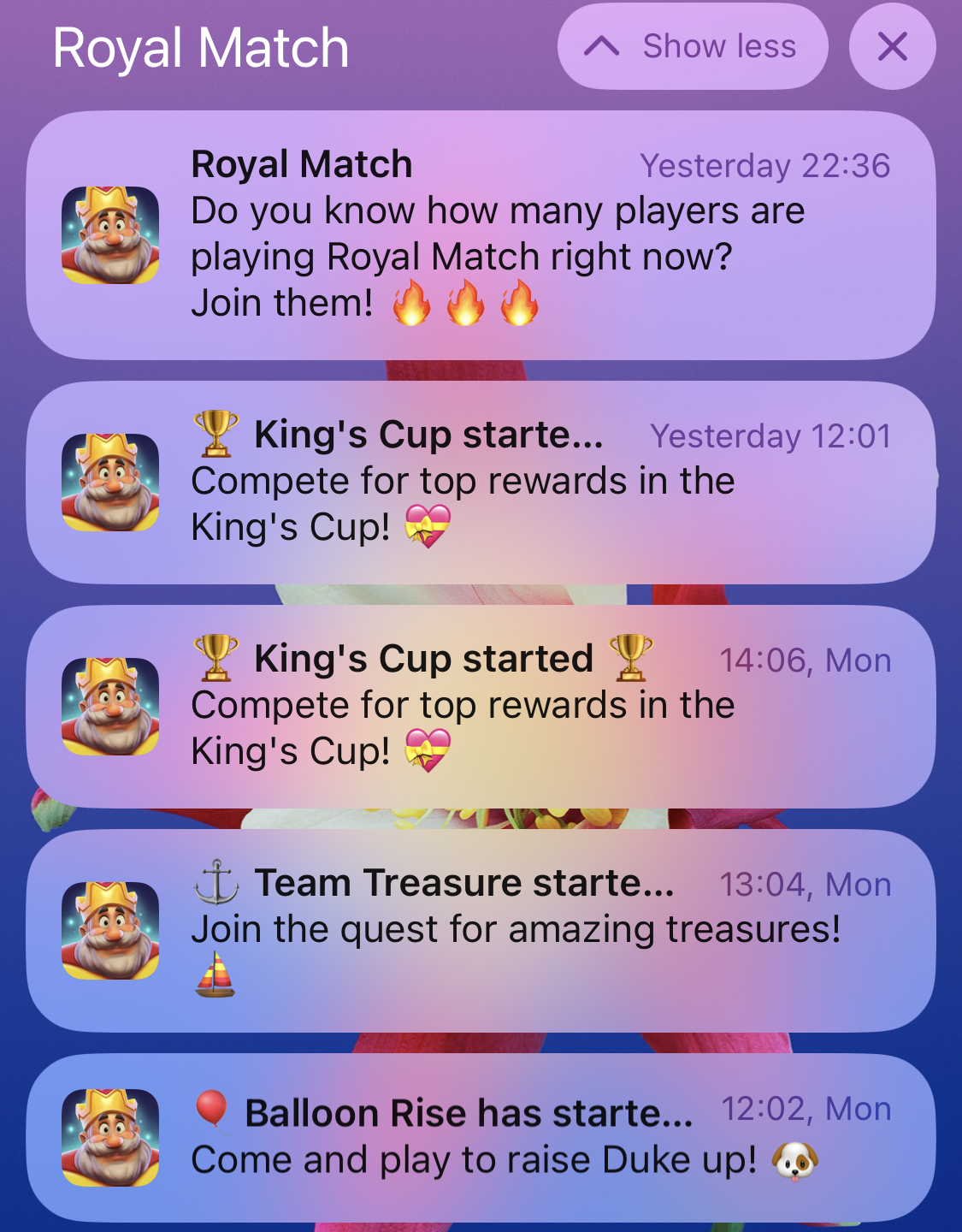 Events announcements through push notifications from Royal Match by Dream Games